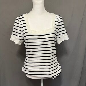 Dressbarn Striped Square Neck Cotton Classic Nautical White Black Top Size‎ M
